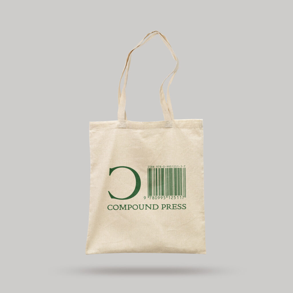 Tote bag with Compound Press logo and barcode